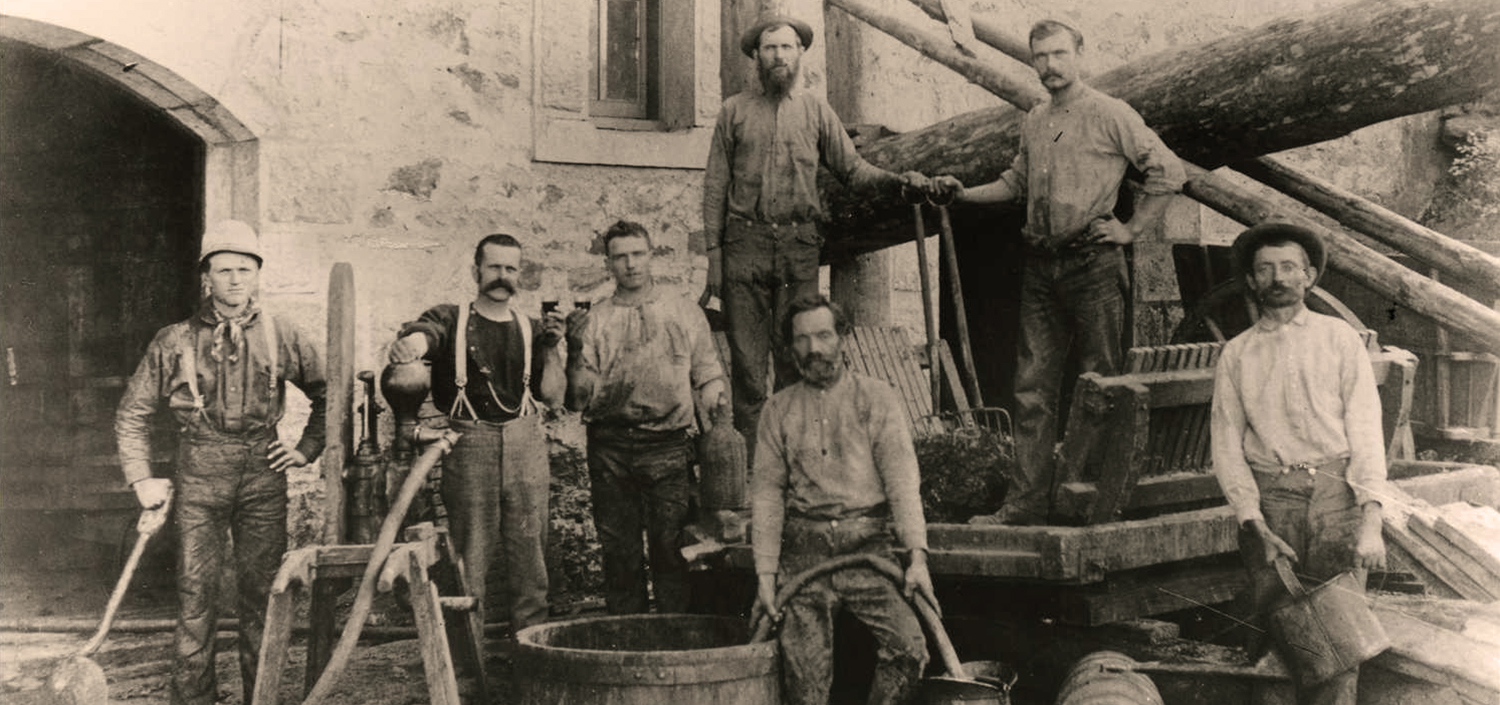 Historical photo: Lafayette Stice (second from left) at Brun & Chaix (now Cade Winery on Howell Mountain)
